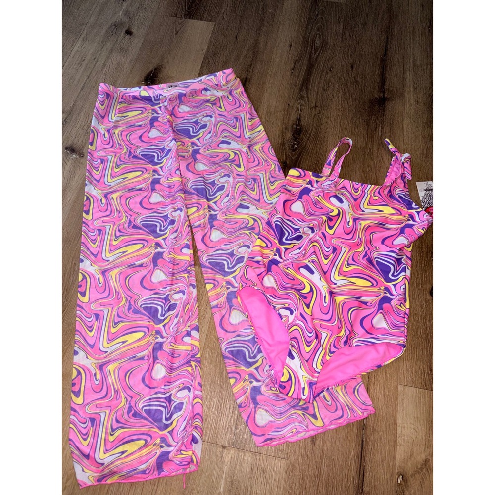 Kensie Girl Girls Pink Swirl One Piece Swimsuit Mesh Pants Set Size 14/16 NWT